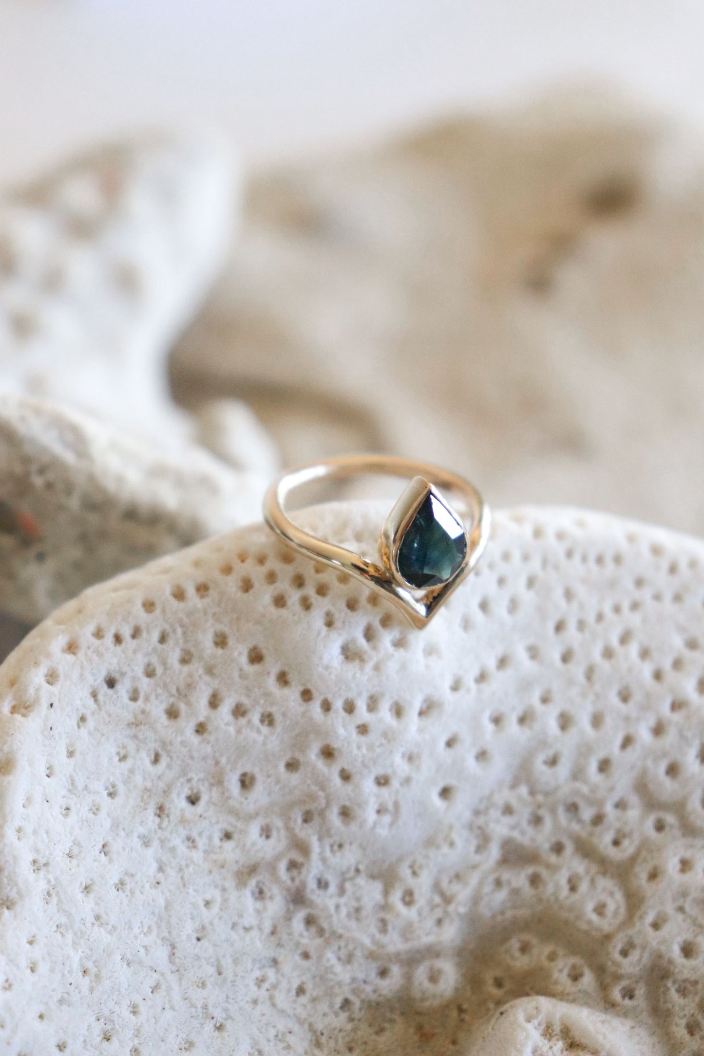 Solid Gold Australian Pear-shaped Sapphire Wishbone Ring