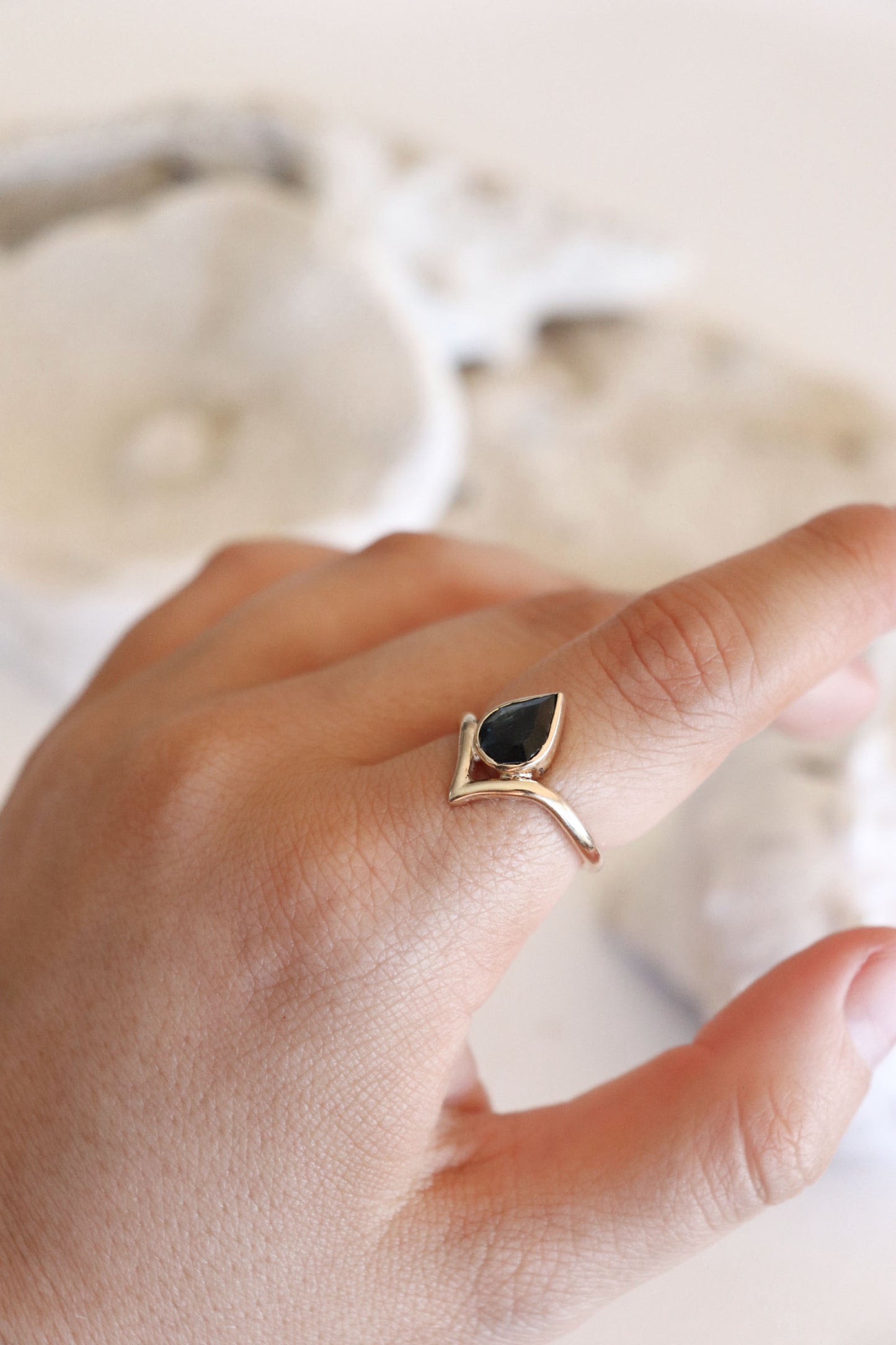 Solid Gold Australian Pear-shaped Sapphire Wishbone Ring